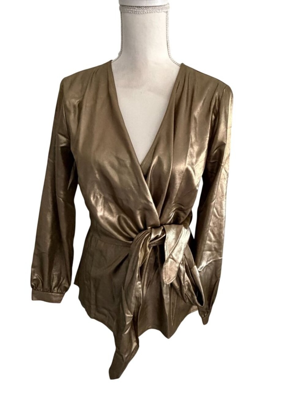 ANN TAYLOR Bronze Gold Long Sleeve Wrap Top Size 4 NEW NWT - Picture 3 of 7